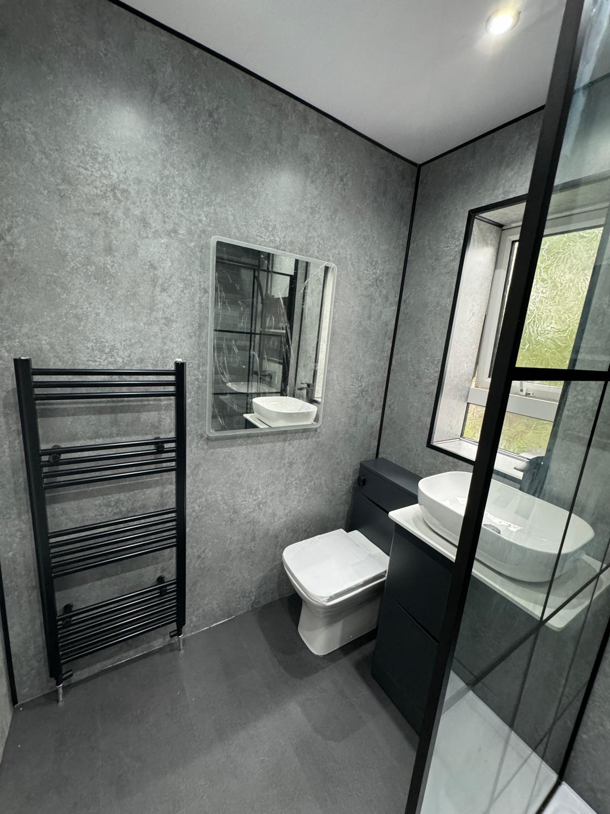 Wet Wall Pros Standard bathroom package — premium UPVC wet wall paneling with chrome fixtures, modern vanity and waterproof vinyl flooring