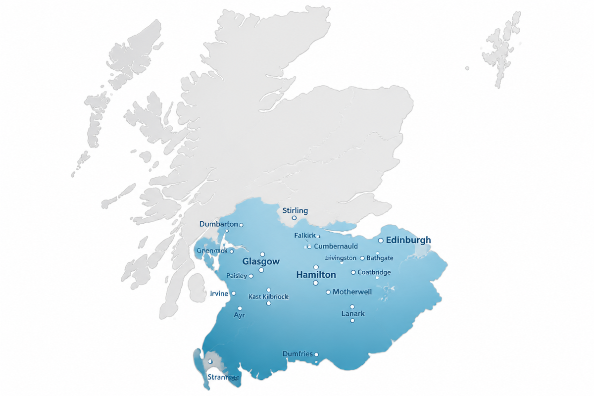 Map showing Central Scotland towns covered by Wet Wall Pros